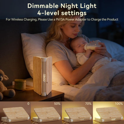 Vivilumens Alarm Clocks Wireless Charger Bluetooth Speaker Loud Sunrise Bedside Lamp for Heavy Sleepers Adults with Book Shape Wake Up Light for Bedroom Home Decor （Wooden Grain）