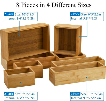 Lawei 8 Pieces Bamboo Drawer Organizer Boxes, Stackable Drawer Organizer Storage Tray 4-Size, Versatile Dividers Cutlery Holders Bins Containers for Kitchen, Bathroom, Office Desk, Makeup, Jewelry