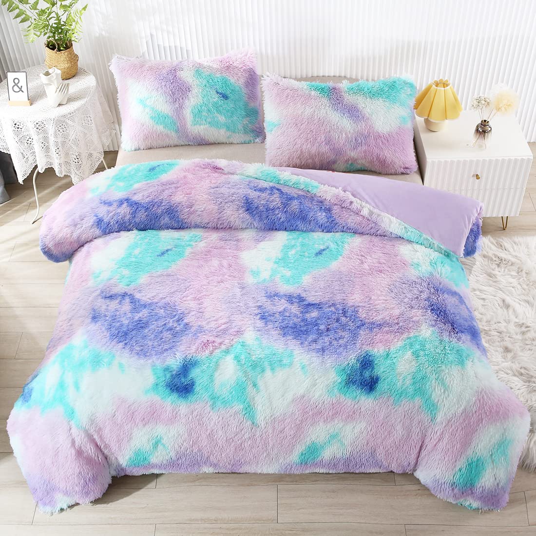 WINLIFE Faux Fur Comforter Set Queen Size for Girls Tie Dye Plush Shaggy Winter Long Hair Fuzzy Fluffy Bedding Soft Warm Bed Sets (3Pcs, Queen, Teal Purple)