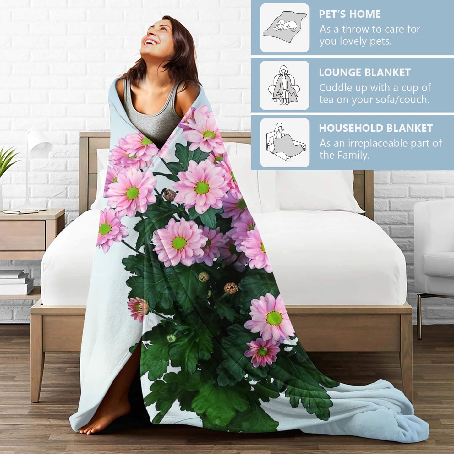 Zeleda Cute Cat Floral Cozy Throw Blanket for Couch Sofa Bed, Soft Flannel Dreamy Kitten Flower Blankets for Women Kids Girls, Warm Lightweight Romantic Throws for Room Decor Gifts, 50x60 Inches