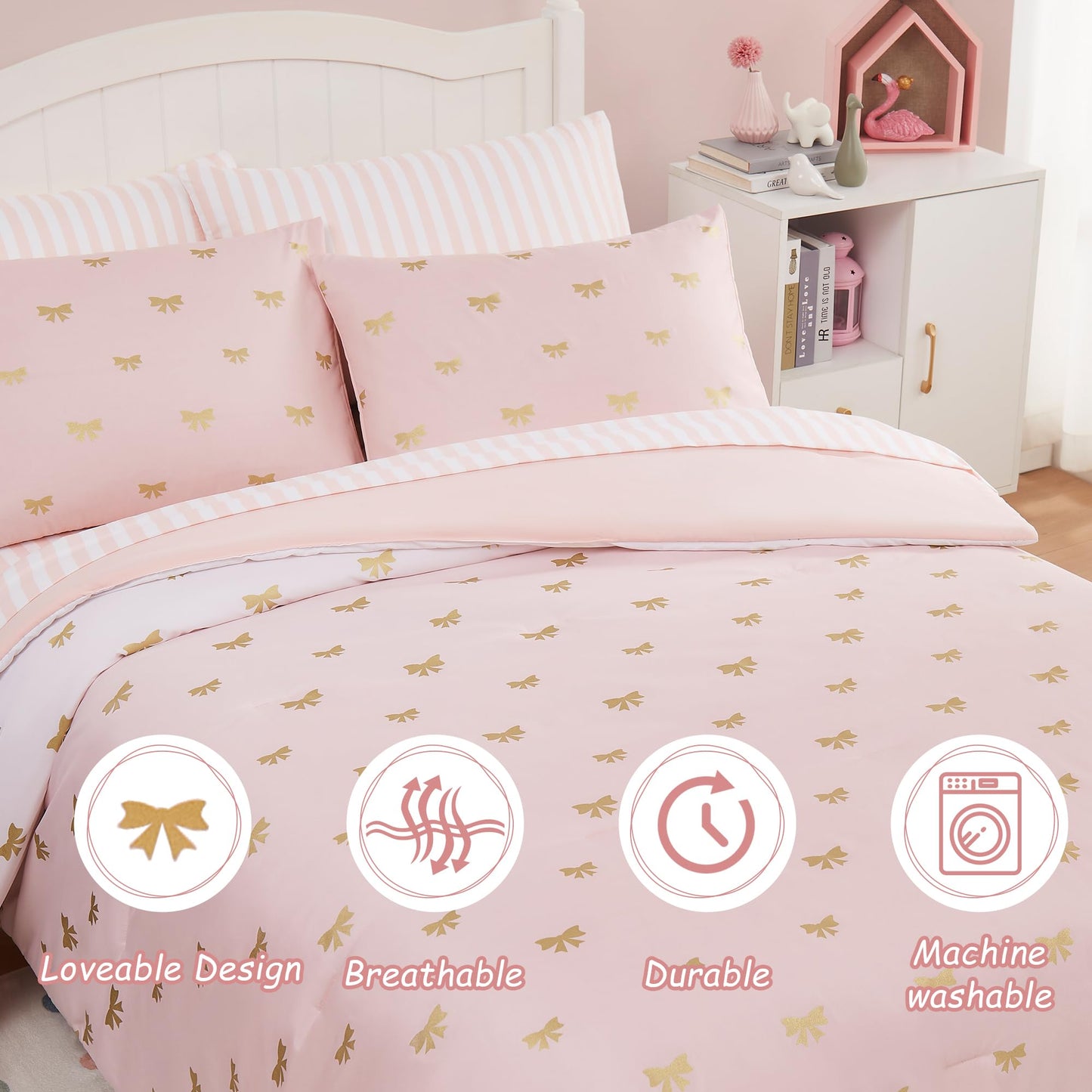 Wink Deer Twin Comforter Set with Sheets for Girls-5 Pieces Twin Bedding Sets with Pink White Gradient Ombre Comforter, Sheets, Pillowcase & Sham for Kids (Gold Bow, 66" X 86")