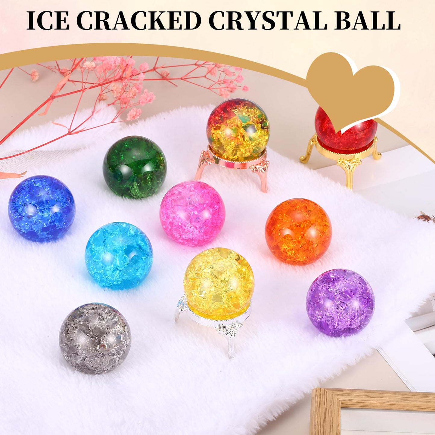 PATIKIL Crystal Ball 40mm, Ice Cracked Glass Ball with Metal Stand, Decorative Crystal Sphere Glass Paperweight for Home Office Table Decor, Pink/Gold