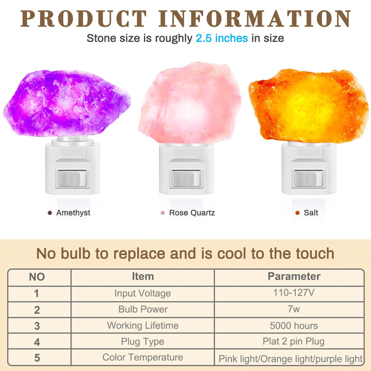 Hortsun 3 Pack Himalayan Salt Lamp Night Light Crystal Night Light Lamp Plug in Rotatable Wall Purifier Made of Natural Salt Stone Sea for Home