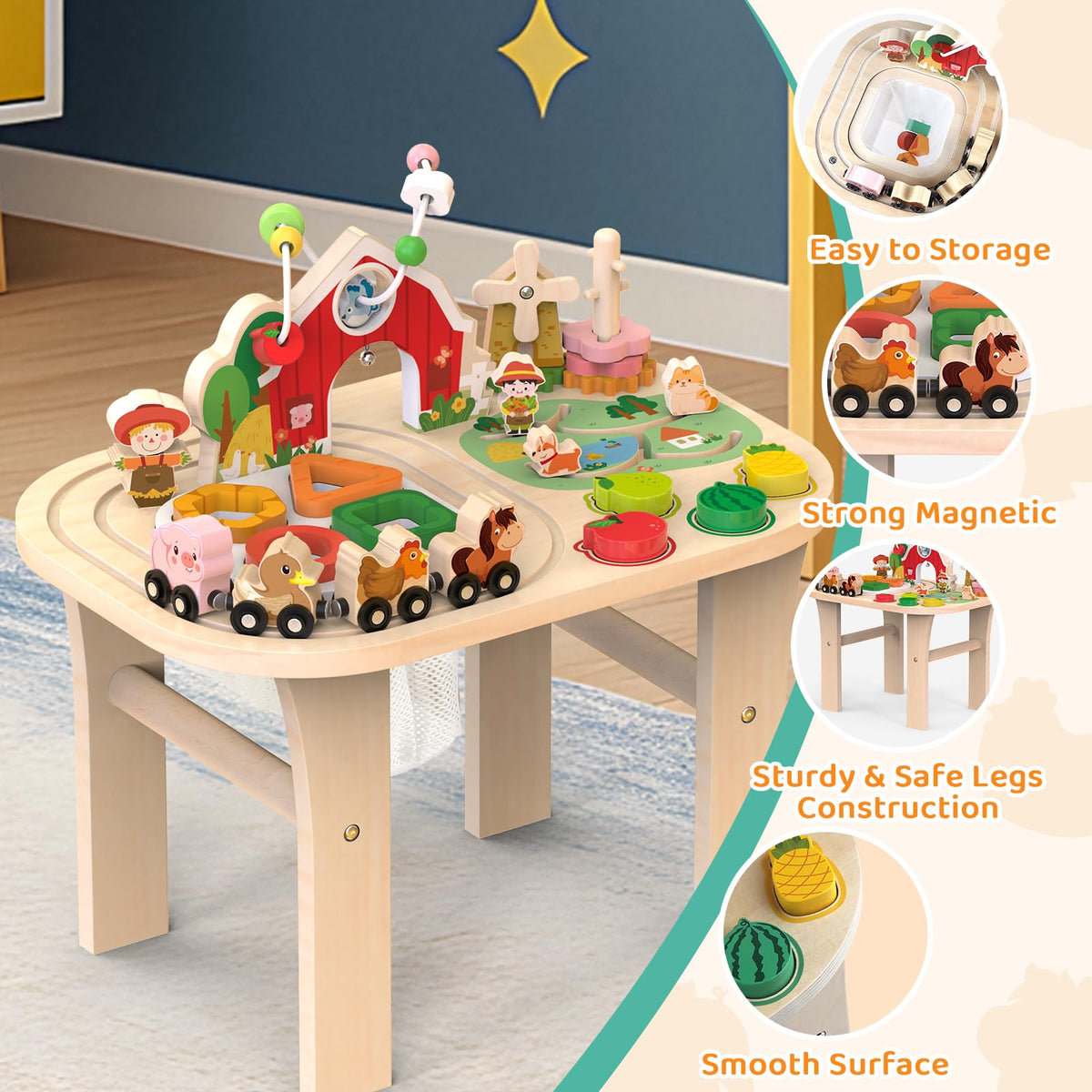 Weilim Montessori Activity Table for 1 Year Old, Wooden Farm Toddler Toy