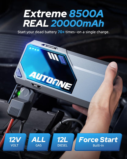 AUTOONE M5 8500A Car Jump Starter 12V Battery Jumper Starter Portable (All Gas/All Diesel) 168W DC Jump Box for Car Battery with Built-in Booster, Type-C Fast Charge & Jumper Cables Jump Pack