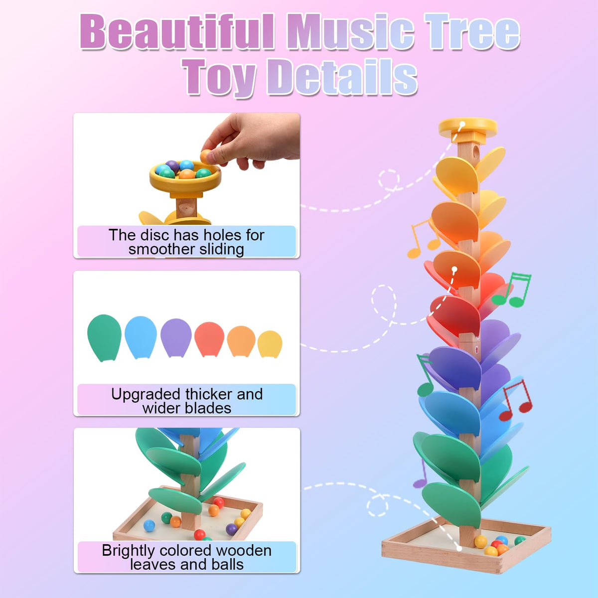 Rainbow Music Tree Toy, Wooden Marble Run Ball Drop Toy for Kids Ages 3+