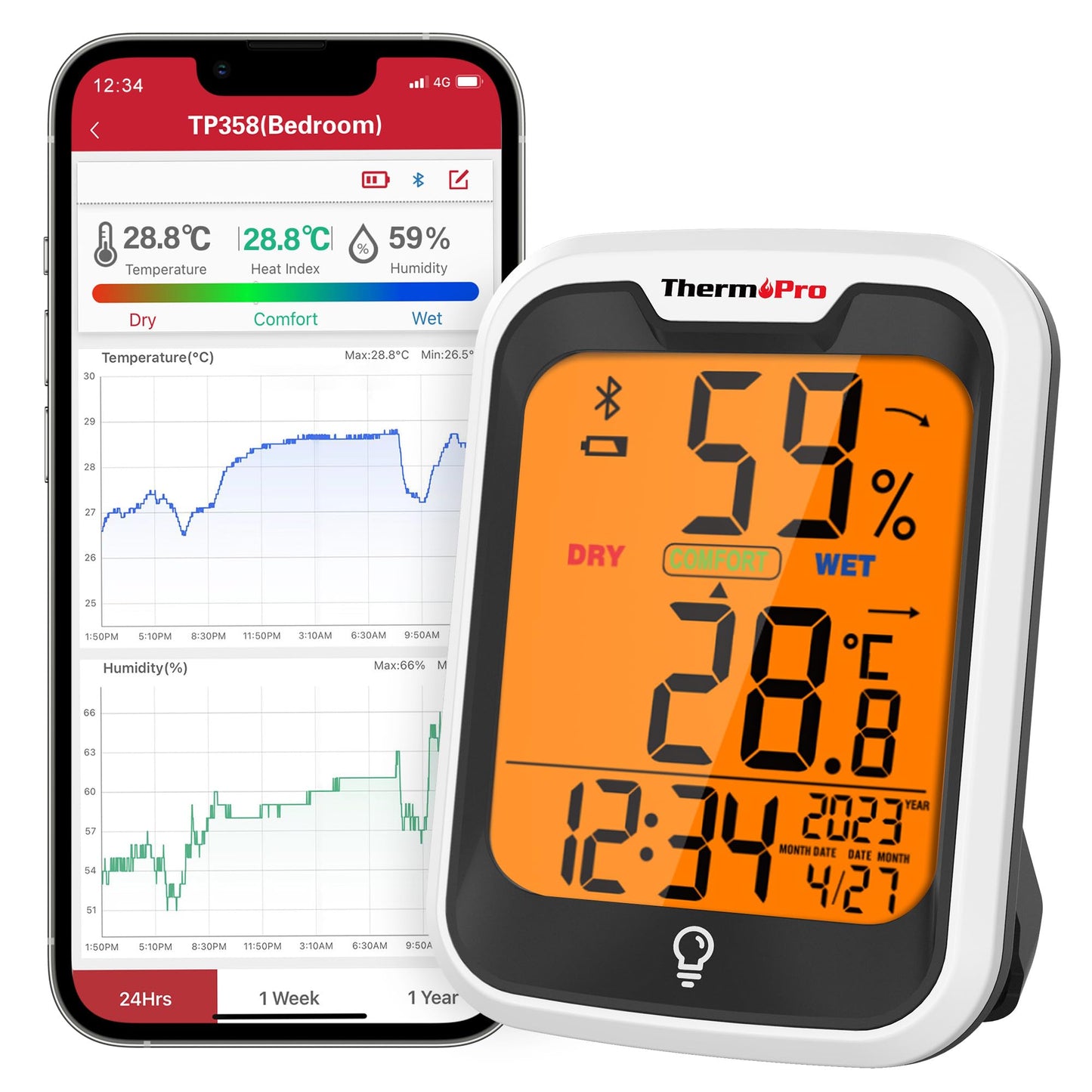 ThermoPro TP358 Bluetooth Hygrometer Room Thermometer with Built-in Clock, Swiss-made Sensor Indoor Thermometer with Backlit and Notification Alert Ideal for Baby Room, Greenhouse, Office and Cellar