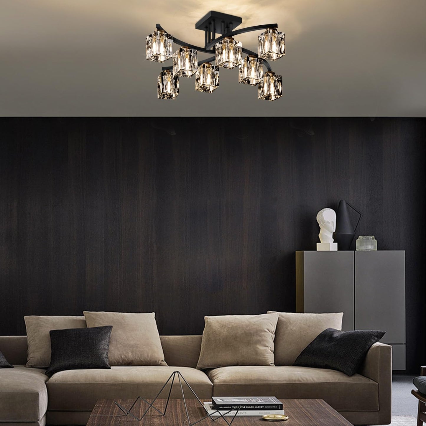 LIXDRASK Crystal Semi Flush Mount Ceiling Light with 8-Lights Black Sputnik Ceiling Light Fixture Modern Chandeliers for Dining Room Living Room Kitchen Island Bedroom Hallway