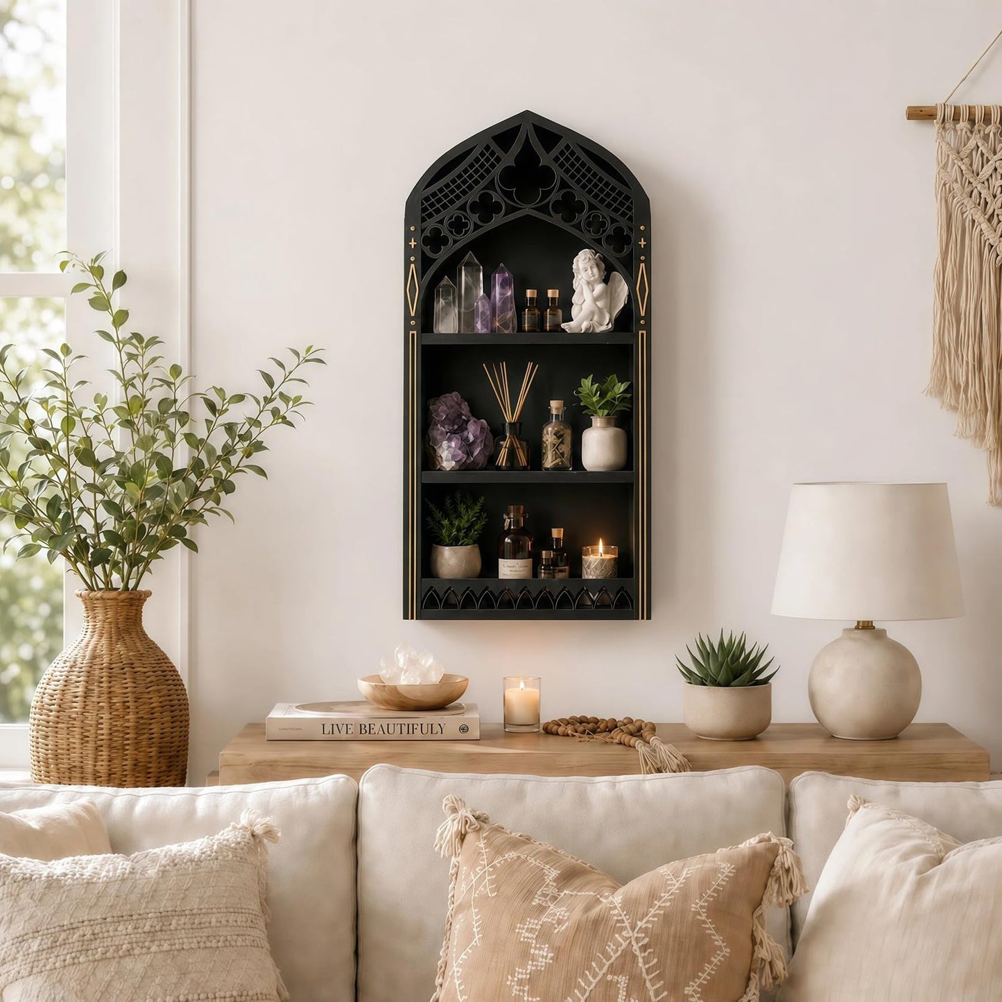 HBSGS Gothic Window Crystal Display Shelf, 1.96" Deep Wooden Wall Mounted Gemstone Crystal Holder, Witchy Decor Trinket Organizer for Healing Stones -2026 Upgraded (Window-7.9" W x 15.7" H)