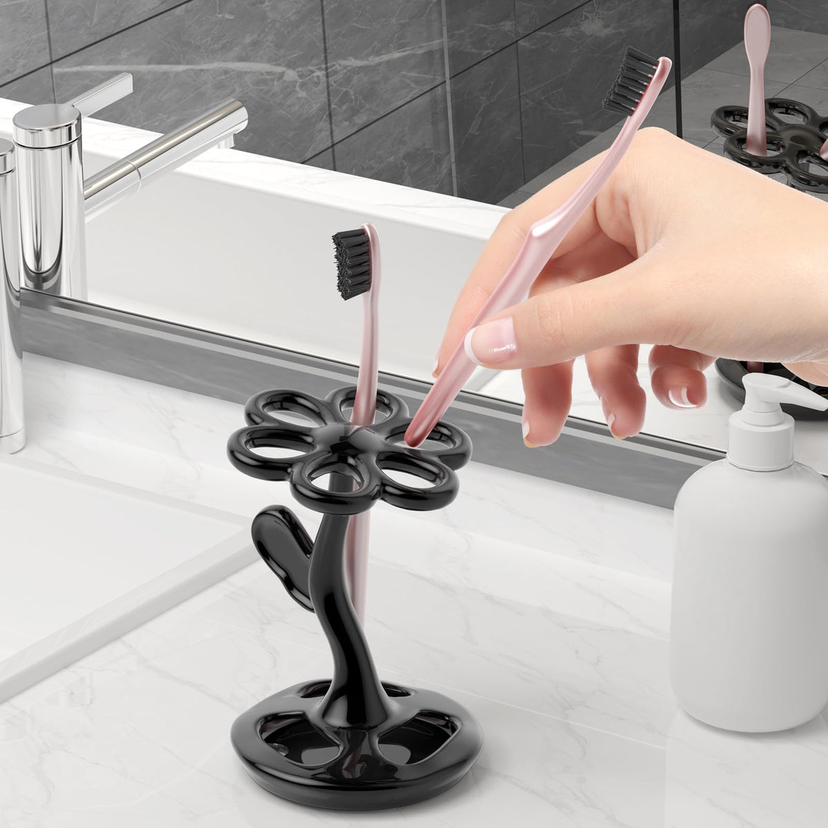 Ceramic Toothbrush Holder, Creative Flower-Shaped Toothbrush Stand for Bathroom, Multifunctional Storage for Toothbrushes & Makeup Brushes, Fits Handles < 0.47 Inches, 3 Colors (Black)