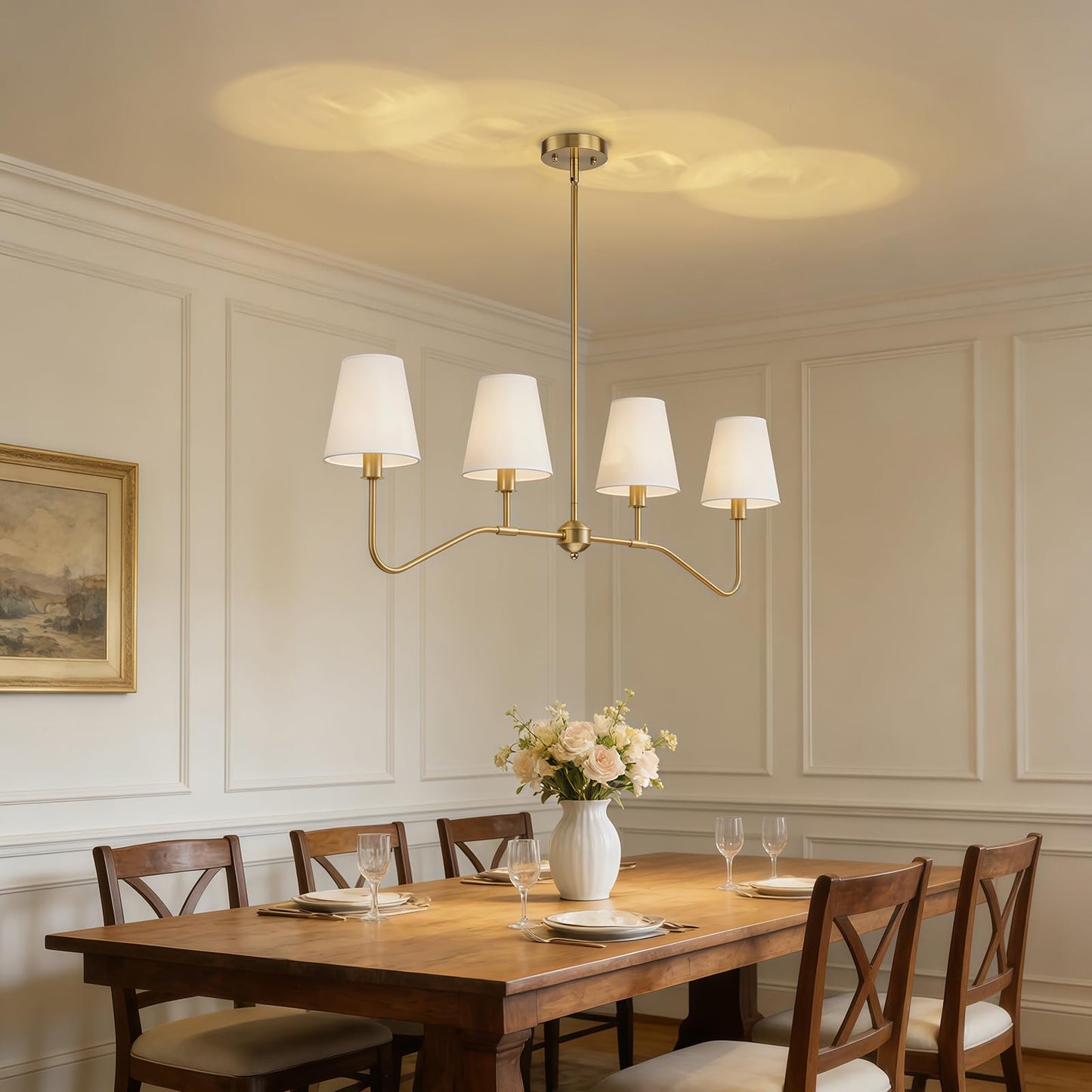2-Pack Brass Gold Chandeliers Set, 6-Light Modern Fabric Shade Chandelier and 4-Light Linear Kitchen Island Lighting, Antique Classic Hanging Light Fixtures for Dining Room, Living Room Kitchen