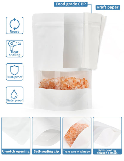 FireKylin 100 Pcs Brown Paper Bags with Window, 7.9" x 11.8" Stand Up Pouches Bags, Zipper Food Storage Bags for Packaging Products, Reusable, Sealable