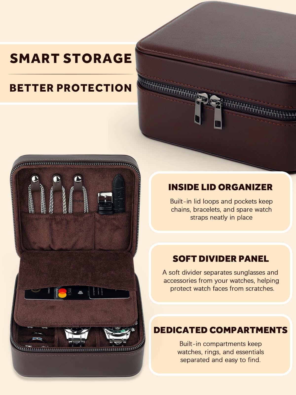 Lumayina Travel Watch Case for Men, Watch Box with Ring Rolls & Accessory Compartments, PU Leather Portable Men's Jewelry Organizer, Fits up to 50mm Watches, Gift for Him (Large – 2 Slot)