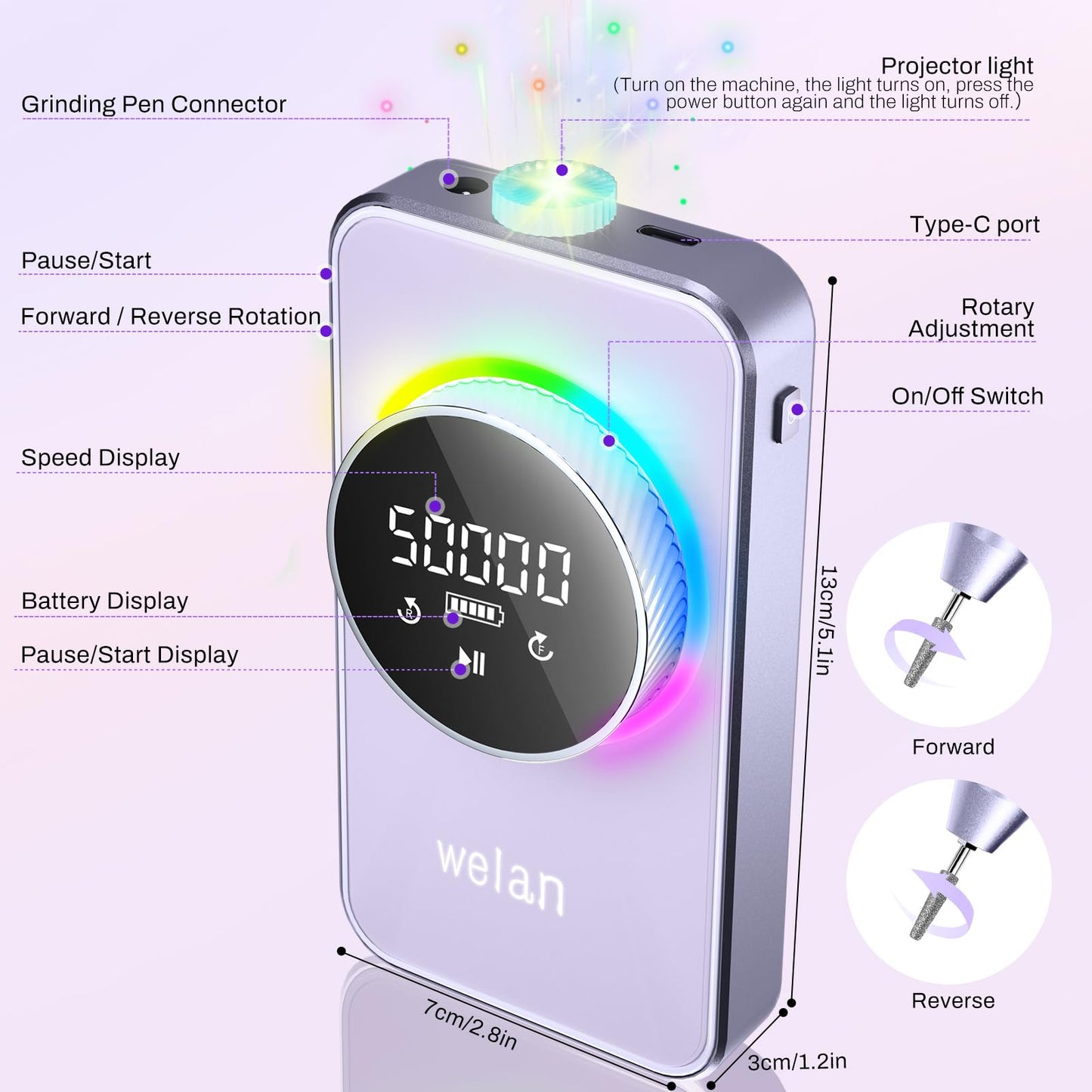 Electric Nail Drill Professional, 50000RPM Electric Nail File Portable Nail Drill Kit 6000mAh Rechargeable Machine for Acrylic Gel Nail, Manicure Pedicure Polishing Nail for Salon Home Purple
