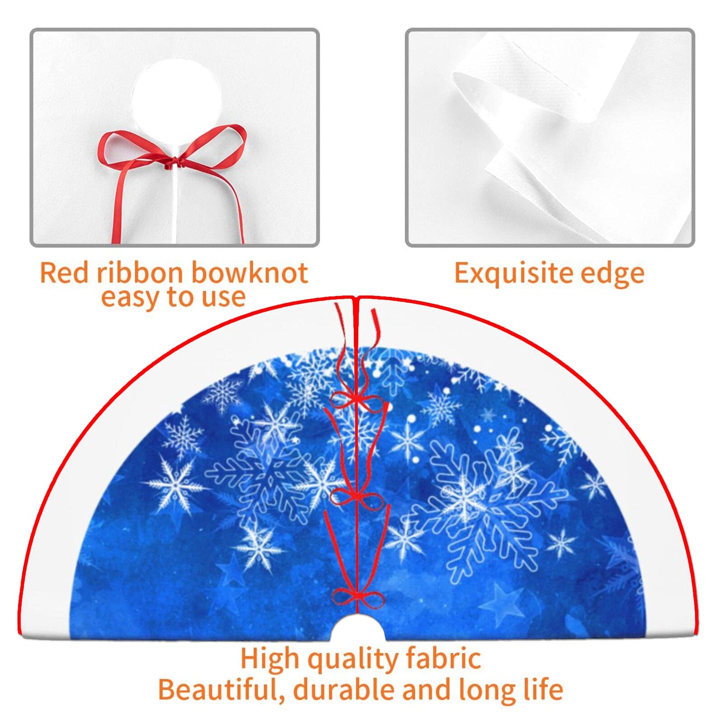 48 Inches Blue Christmas Tree Skirt Rustic Thick Xmas Tree Skirt with Snowflake Winter Happy New Year Decoration for Home Holiday Party