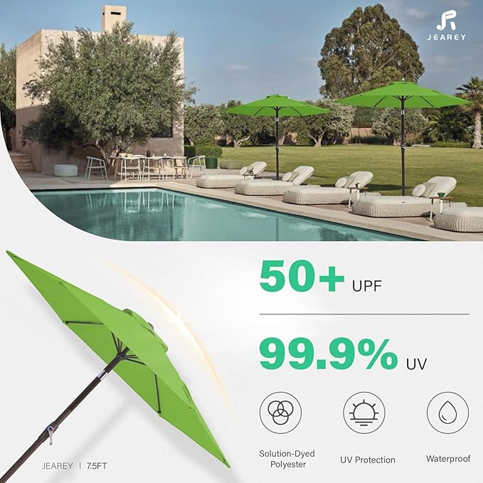 JEAREY 7.5FT Patio Umbrella Market Table Umbrella with 6 Sturdy Ribs, Push Button Tilt/Crank Outdoor Umbrella for Garden, Deck, Backyard, Pool and Beach,Grass Green