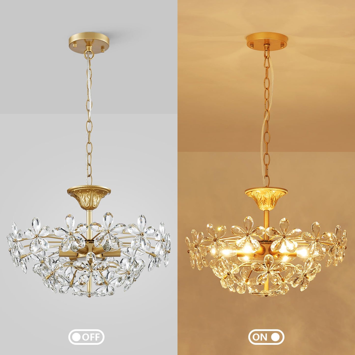 GlowEasely K9 Crystal Flower Chandelier for Dining Room, Living Room, Bedroom, Hallway, Kids Room, Foyer, Gold, Mayflower 6-Light Modern Pendant Chandelier, E12 Socket, D18.3 * H16~41inch (Adjustable)