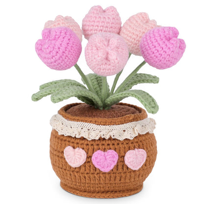Lovmeety Handmade Potted Crochet Tulip Bouquet, Blush Pink Crocheted Tulips Hand Woven Flowers Knitted Flowers in Exquisite Pot Gift for Women Friends Kids for Home Desk Decor
