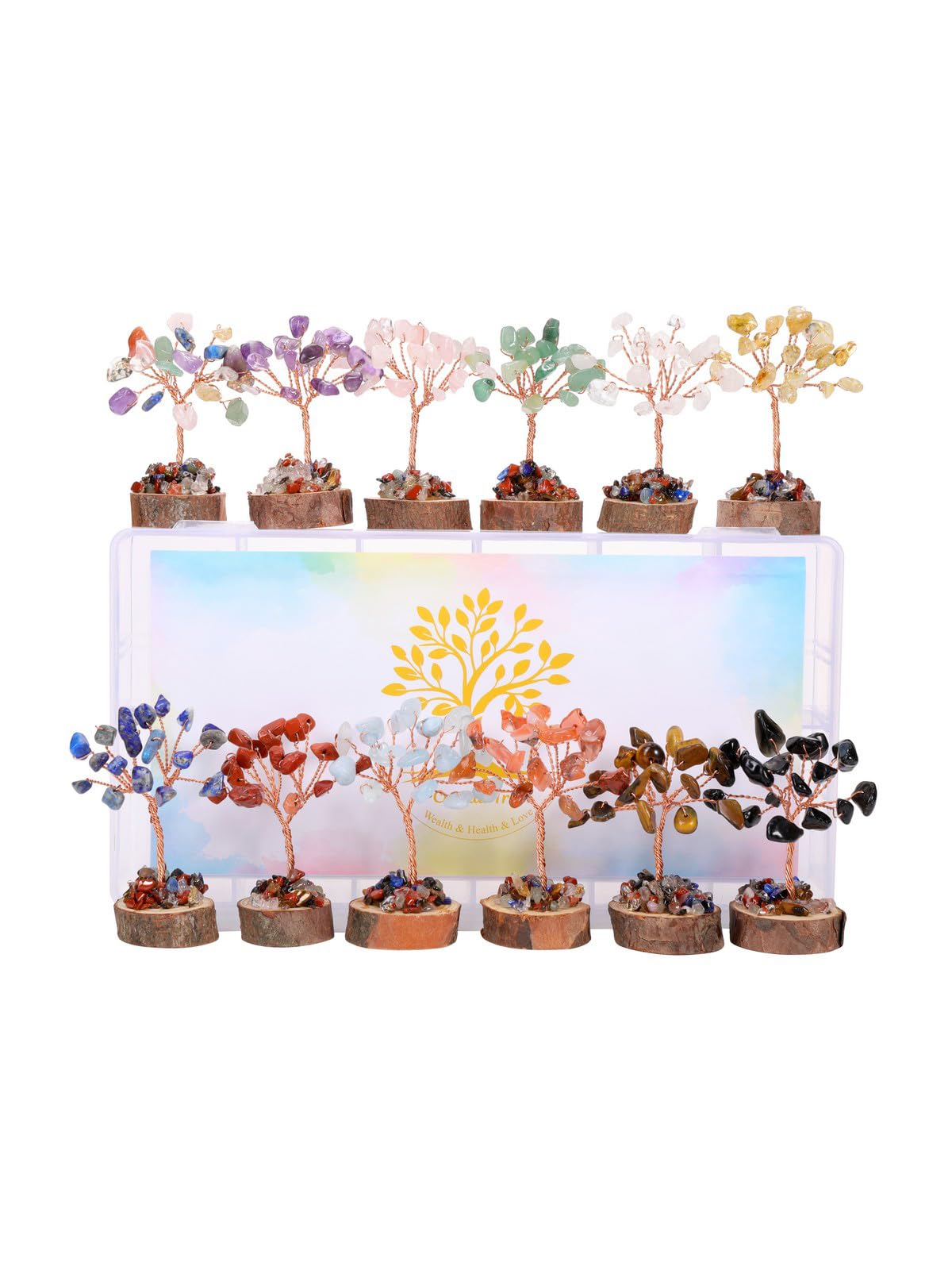 Jovivi 12pcs Chakra Crystal Tree Set, Tree of Life Gemstone Money Trees w/Wooden Base,Natural Healing Crystals Stones for Positive Energy Good Luck Home Office Decor for Women Mom Birthday Gifts