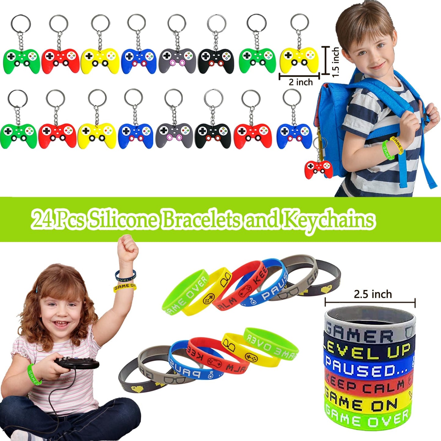 EODVICS 120 Pcs Video Game Party Favors for Kids - Goodie Bag Stuffers with Invisible Ink Pens, Mini Notebooks, Silicone Bracelets, Controller Keychains, Gaming Birthday Party Supplies