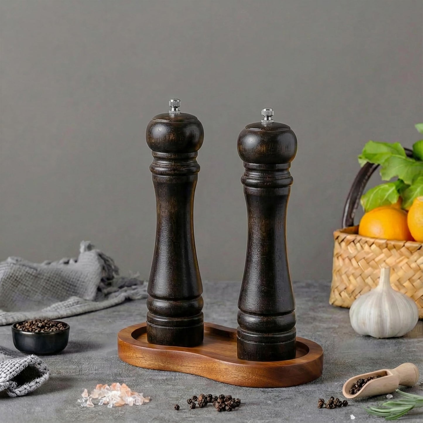 VanlonPro Salt and Pepper Mill Tray, Retro Sapele Wood Tray, Pepper Mill Holder & Rest (Inner Dia 2.6 Inch) fit Many Mills & Shakers, Salt & Pepper Grinder Accessories, Kitchen Storage Holder