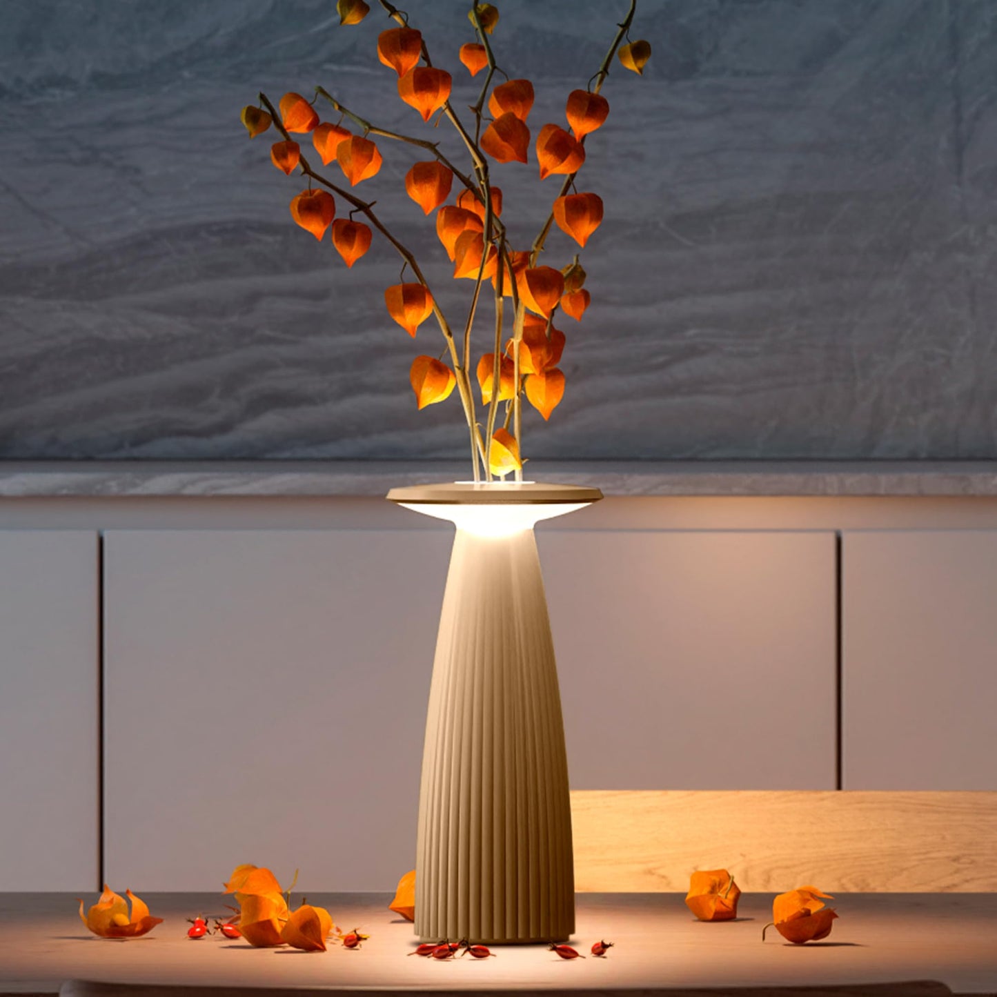 UBIQUA 2-in-1 Cordless Table Lamp - Flora MINI, Vase Lamp with Magnetic Charging, Dimmable & Adjustable Lighting, IP65 - Rechargeable LED Lamp for HoReCa, Living Room, Outdoor Use (Sand)