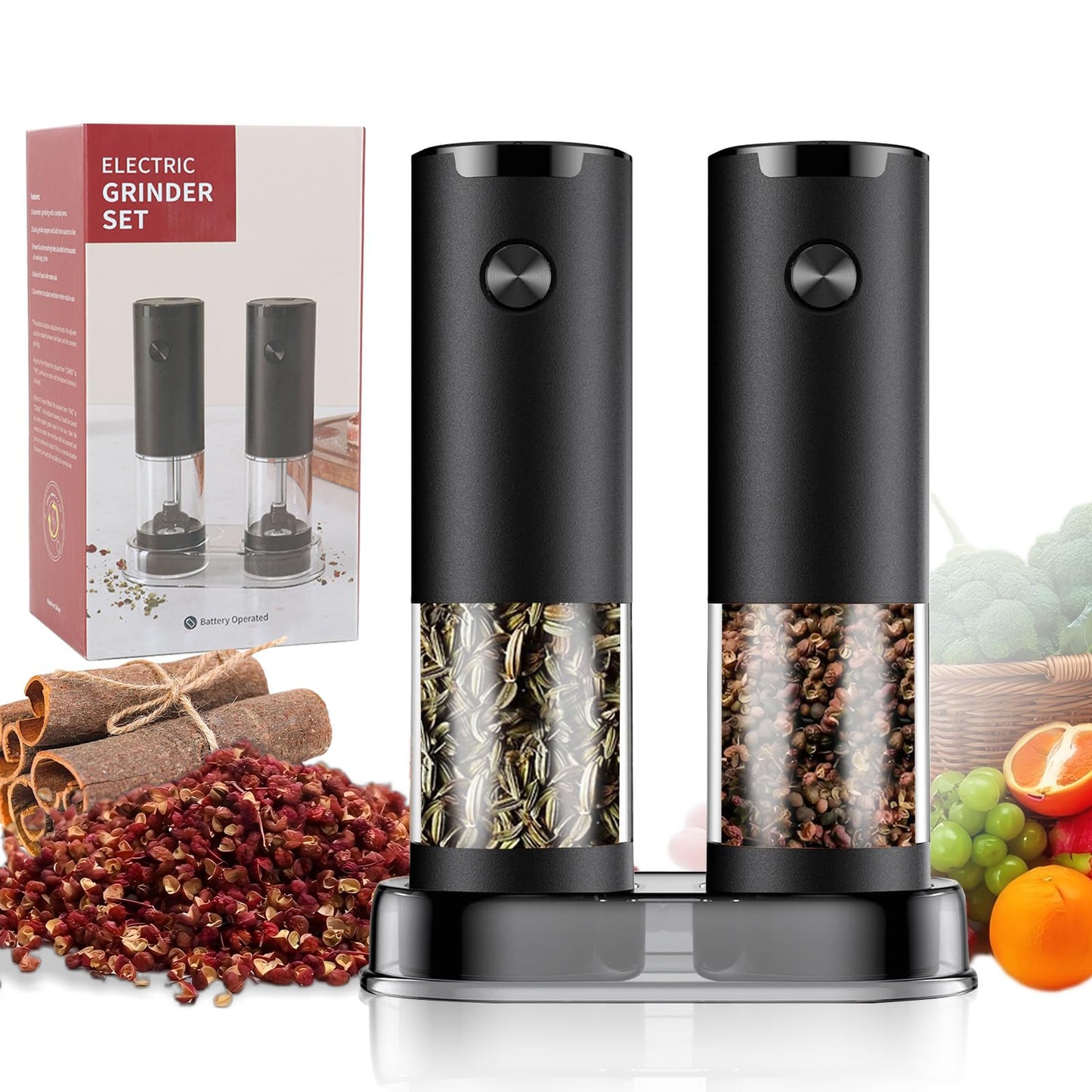 Electric Salt and Pepper Grinder Set - Automatic One-Handed Battery Operated Mill for Steak, BBQ & Meal Prep - Adjustable Coarseness Ceramic Grinder with LED Light & Brush - Essential Kitchen Gift