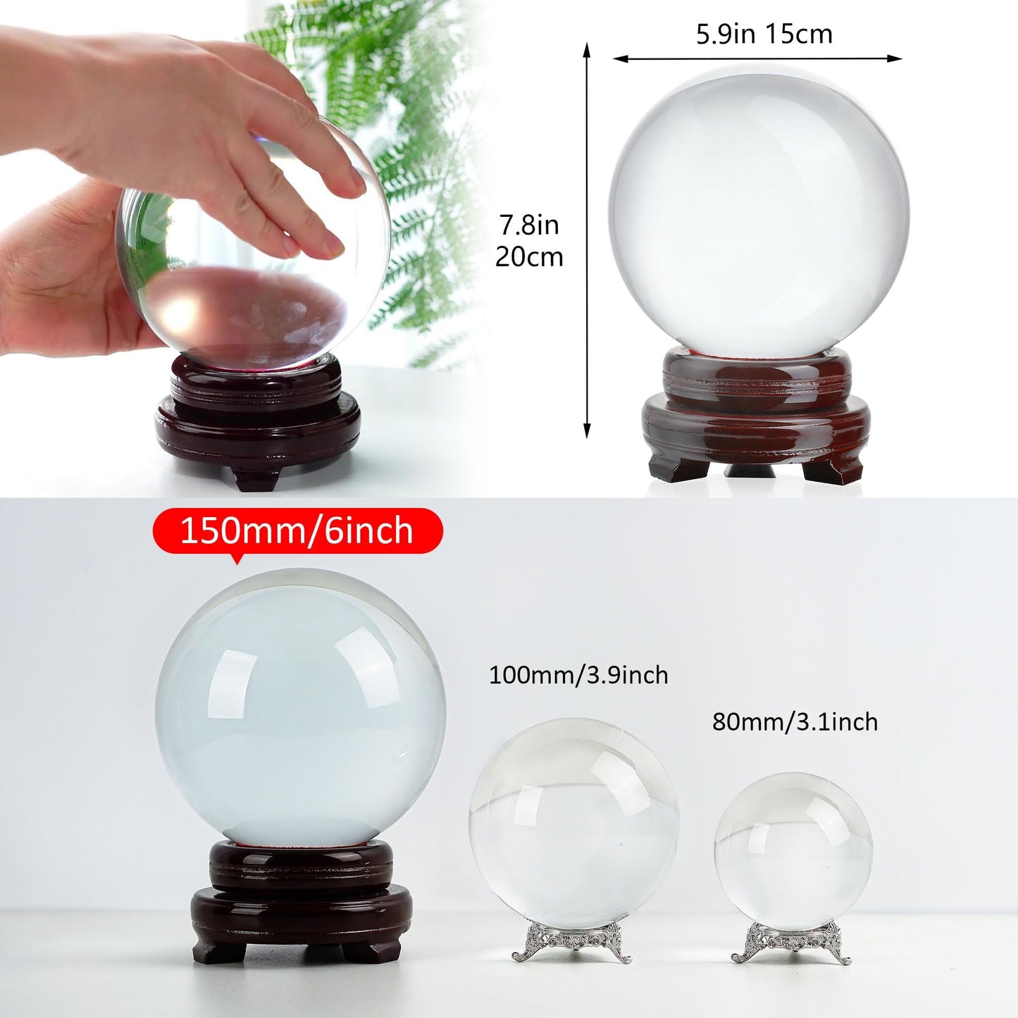 QFkris 150mm/6inch Clear Crystal Ball with Wooden Stand Fortune Teller Mystical Quartz Ball Photography Props FengShui Divination Spheres