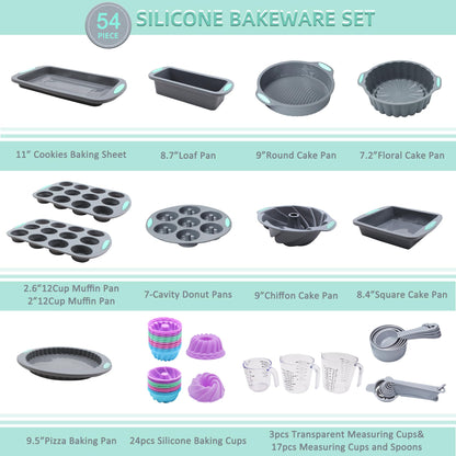 Tongjude 54 Pieces Silicone Baking Pans Set, 10 Silicone Cake Molds, Loaf Pan and Muffin Pans, Non-Stick Baking Cup, with Measuring Cups and Spoons Set, Grey
