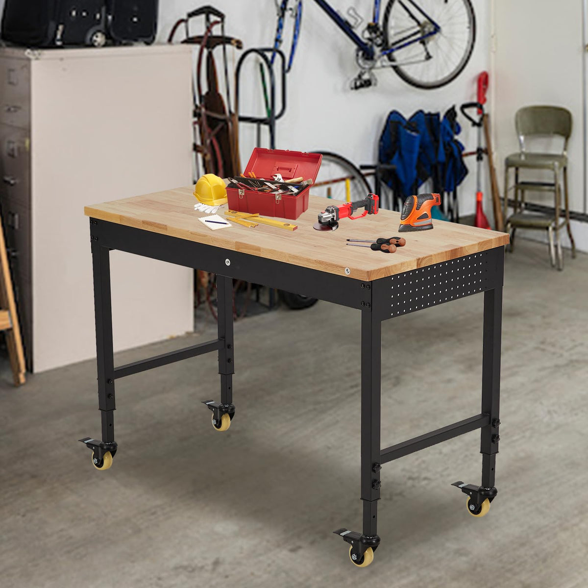 Garage Workbench with Rubber Wood Top, 48×24 Inch Heavy-Duty Workbench Workstation, 2000LBS Loading Capacity, Tool Storage Table, Locking Wheels, for Workshop, Garage, DIY Projects, Black