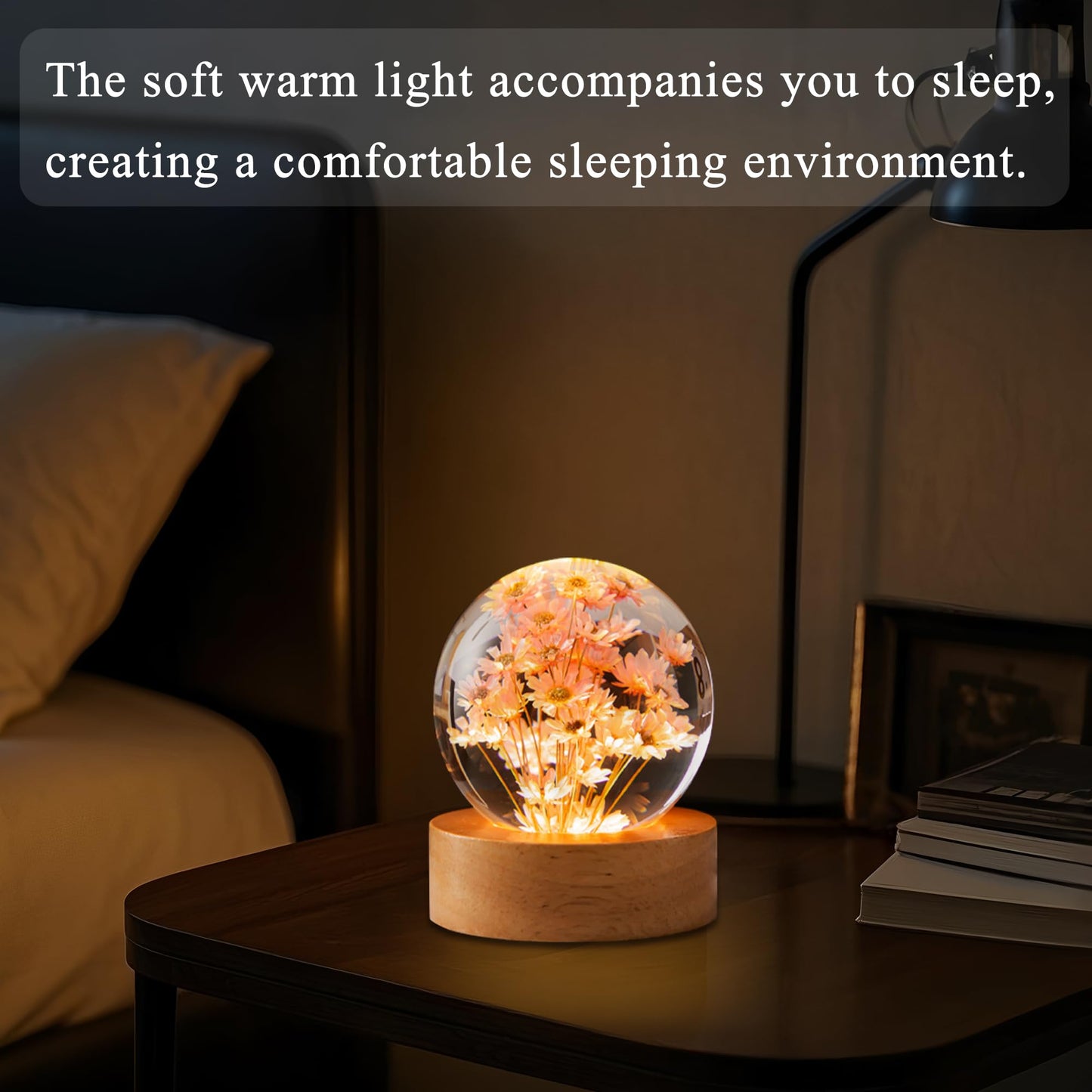 Daisy Decor Gifts,Daisy Flower Lamp Crystal Ball Night Light,2.4 Inch Glass Ball Lamp with LED Wooden Base,Soft Warm White Lighting for Women Best Friends Sister Birthday Xmas Aesthetic Gift(Red)