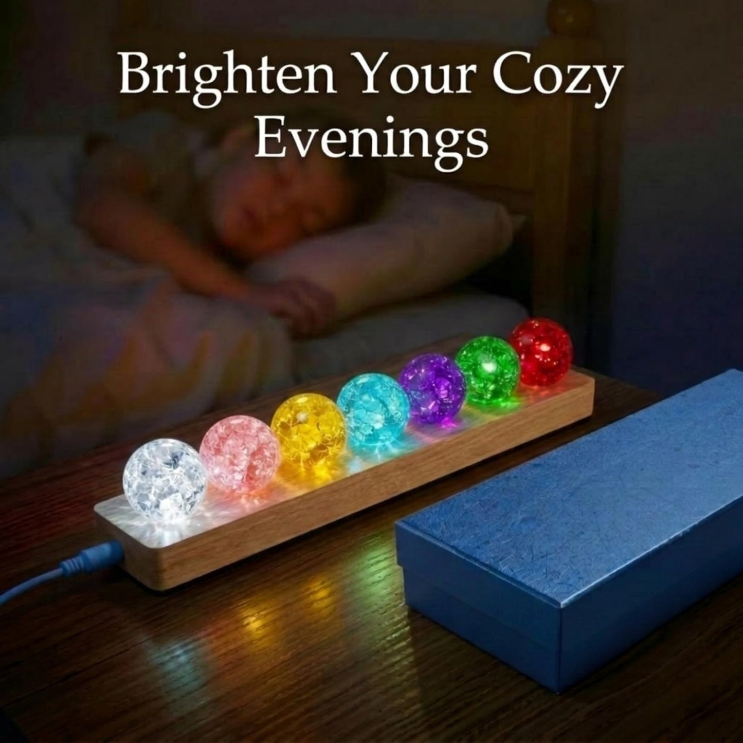 JINWU ClearPeak 7 Colors 40mm Ice Cracked Crystal Balls, Chakra Healing Sphere with LED Wooden Base, Glass Night Light for Home Living Room Meditation, Valentines Day (Set 7-Rainbow)