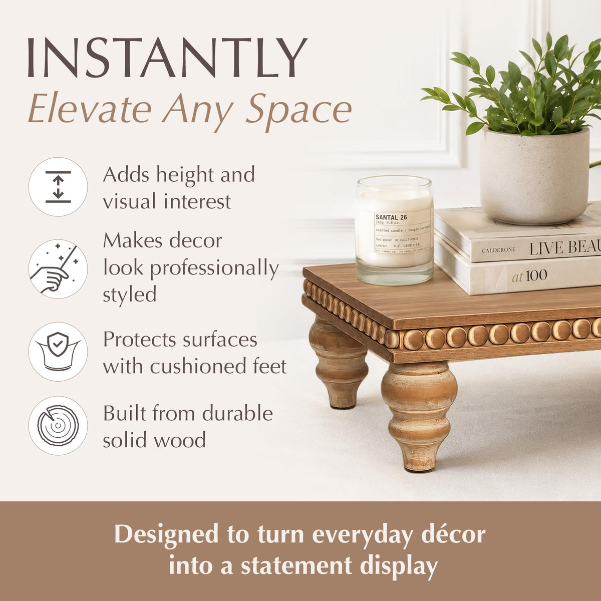 Felt Creative Home Goods Decorative Wood Risers for Decor | Tiered Tray Stand | Farmhouse Beaded Riser Stand for Decor | Wooden Pedestal Stand Large 12x16 Beaded Tray for Kitchen Coffee Bar (Brown)