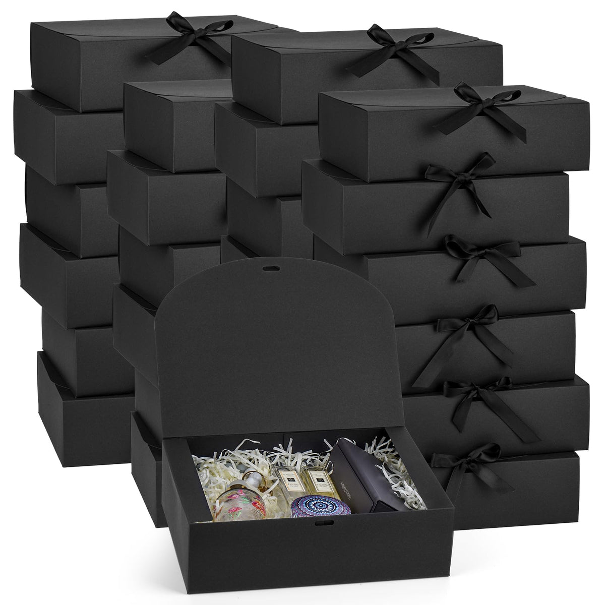 24 Pack Gift Boxes with Lids, 10.6x7.8x3.1 Inch Groomsmen Proposal Box, Luxury Black Gift Box with Ribbon for Wedding, Packaging, Present, Birthday (Black)