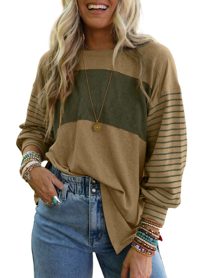 Dokotoo Long Sleeve Tops Oversized 2025 Trendy Round Crew Neck Casual Color Block Womens Shirts Blouses