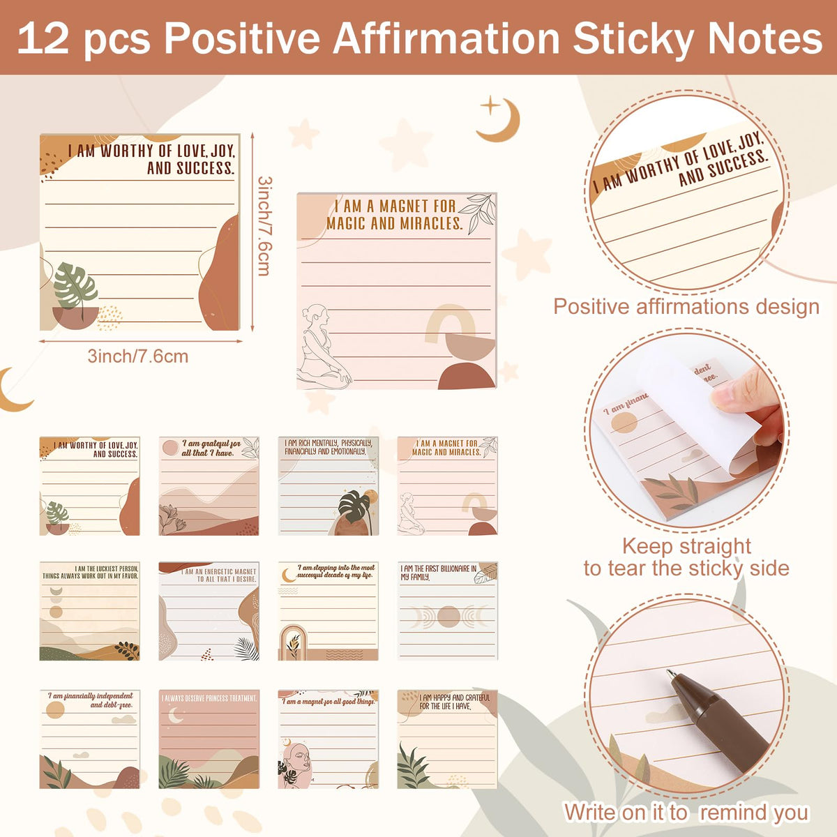 Funrous 36 Pcs Positive Affirmation Gift for Women Bulk Inspirational Sticky Notes with Pens Bags Mothers Day Gifts for Coworkers Employee Teacher Nurse Staff Home Office Gifts Supplies (Boho)