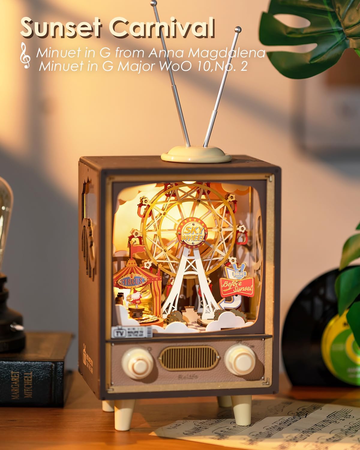 Rolife 3D Wooden Puzzles for Adults DIY Book Nook Kit 16" Ferris Wheel Music Box Model Building Set with LED Crafts for Adults Gifts for Girls Boys (Sunset Carnival)