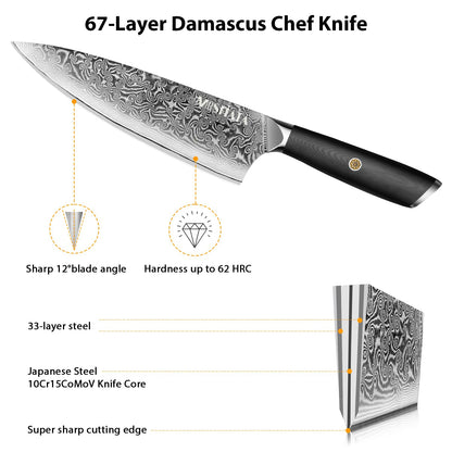 MOSFiATA Damascus Chef Knife 8", Professional Sharp Kitchen Knife 67 Layers Damascus Stainless Steel VG10 Core, Chef's Knives Chopping Cooking Knife Set with Ergonomic G10 Handle Sharpener Gift Box