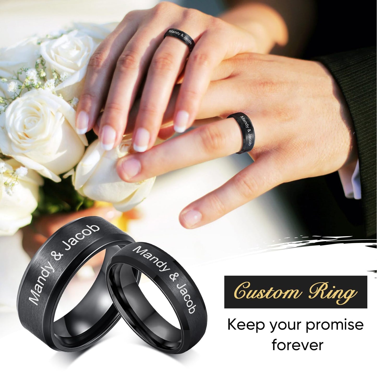 VNOX Customize Personalized Name Date 8MM Stainless Steel Simple Matte Brushed Finish Wedding Band Engagement Rings for Men Dad Husband,Size 11