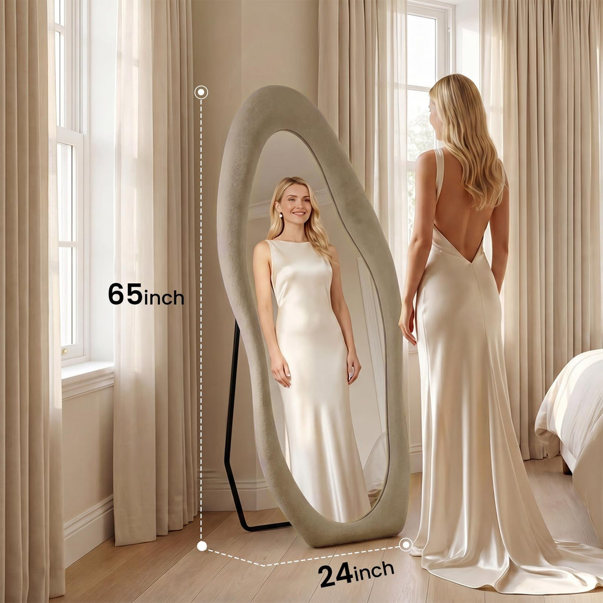 ZHUNFA Full Length Mirror,65×24 Mirror Full Length Wall Mounted Wrapped in Flannel,Featuring an Irregular Cloud Shaped Design,Room,Bedroom,Living Room Home Decor,Light Coffee.
