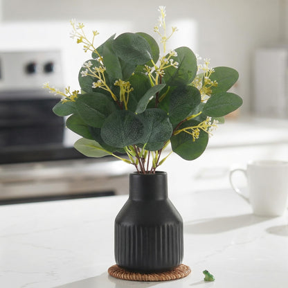 Artificial Eucalyptus Greenery Stems in Ceramic Vase,10Pcs Fake Plants Eucalyptus Leaves faux Plants for Centerpiece Table Decorations Home Room Decor office desk decor Greenery Decor indoor (Black)
