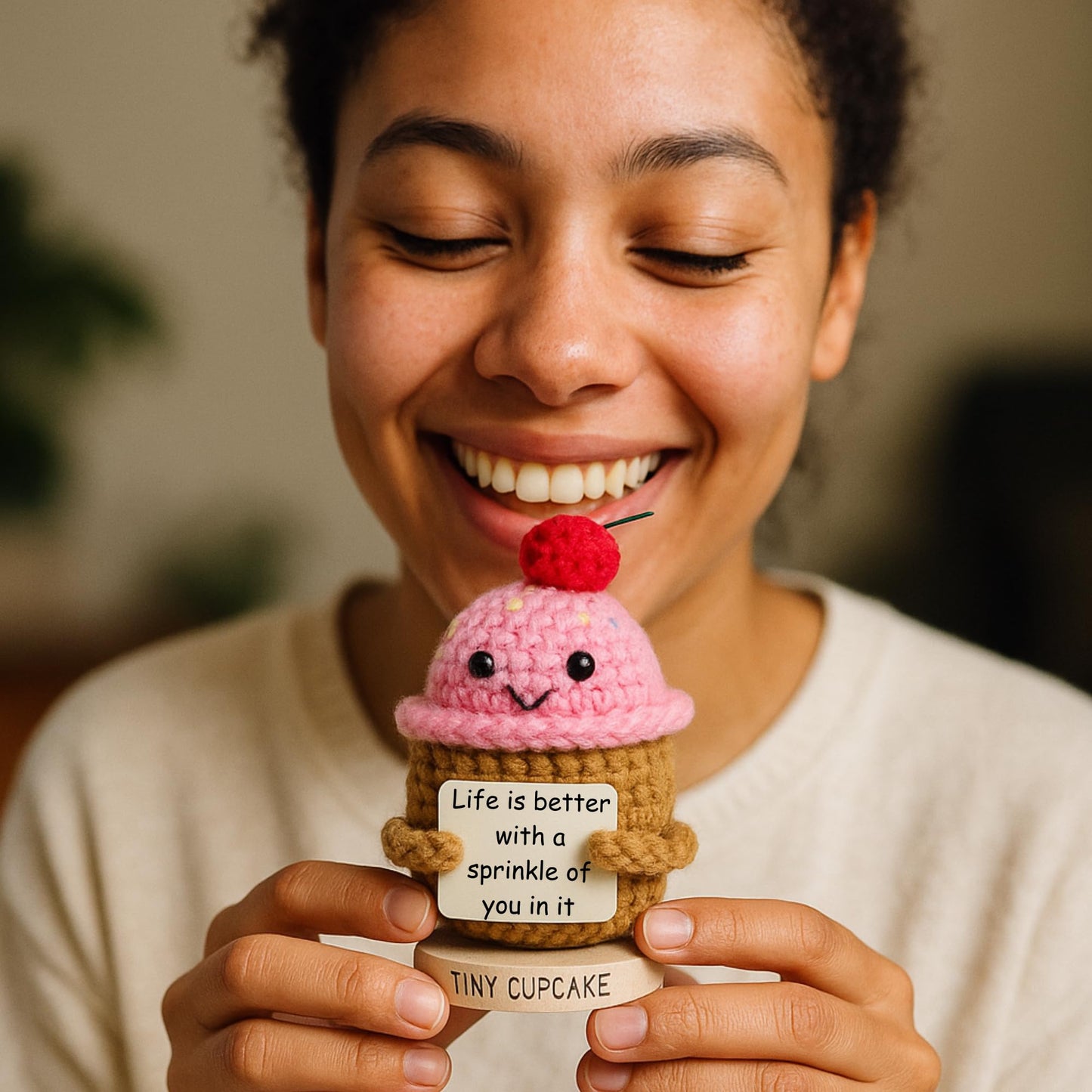 Friendship Gifts for Women - Handmade Positive Crochet Cupcake with 30 Cute Affirmation Cards for Emotional Support | Birthday Gift for Women, Best Friend, Bestie, Coworker | Mothers Day Present Idea
