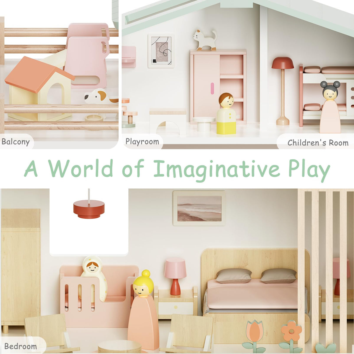 Fabuday Modern Wooden Doll House for Kids Girls - Toddler Dollhouse with 8 Rooms Playset, DIY Pretend Play Houses Toy Kits with 81 Pcs Furniture Accessories, Dolls & Pets, Gift for Ages 3+