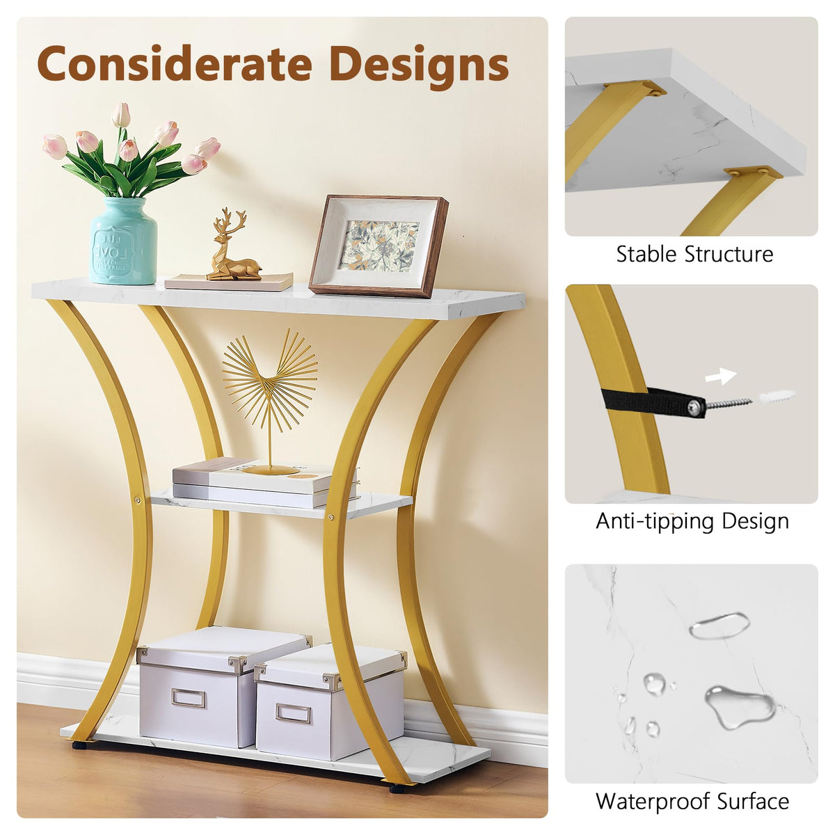 Hoctieon 3 Tier Console Table with Open Wood Shelves, Decorative Entryway Table with Curved Metal Frames, Narrow Sofa Table for Entrance, Living Room, Hallway, Gold and White Marbled