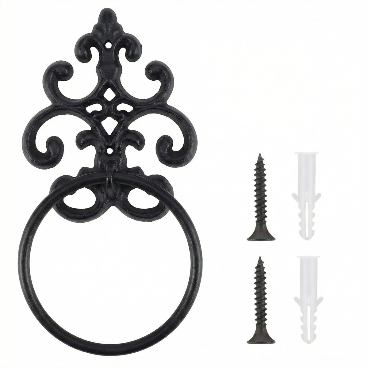 Otoolling 1 Pc Black Vintage Cast Iron Solid Towel Ring Fleur De Lis Design Antique Towel Holder for Bathroom Kitchen Accessories Wall Mounted Christmas Party Gifts