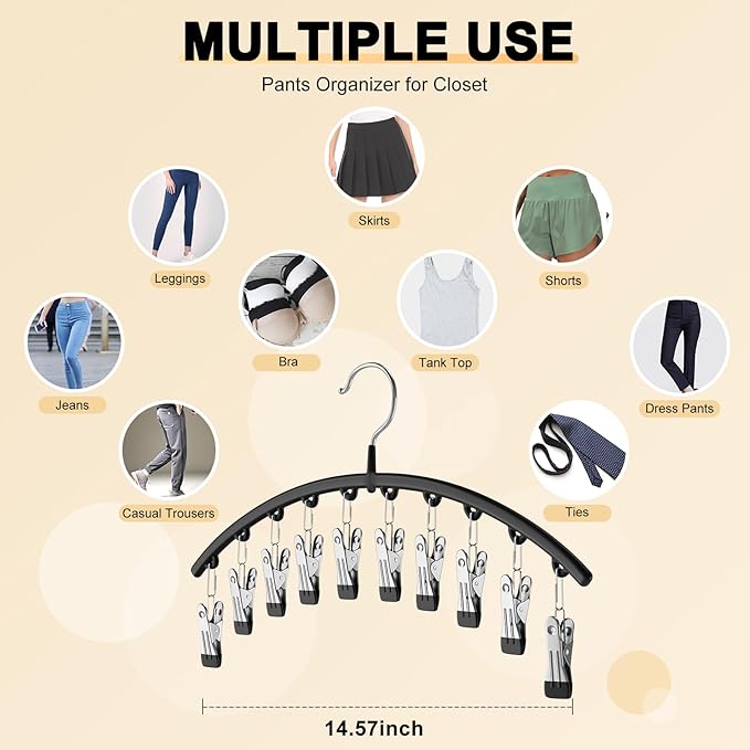 Legging Organizer for Closet, Metal Yoga Pants Hangers 1 Pack w/10 Clips Holds