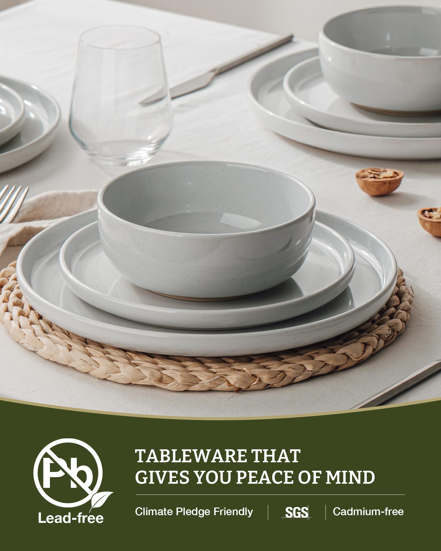 Famiware Milkyway Stoneware Dinnerware Sets with Pasta Bowls, Service for 4 (16 Pieces), Plates and Bowls Sets -Scratch Resistant, Microwave and Dishwasher Safe Dishes Set, Light Gray