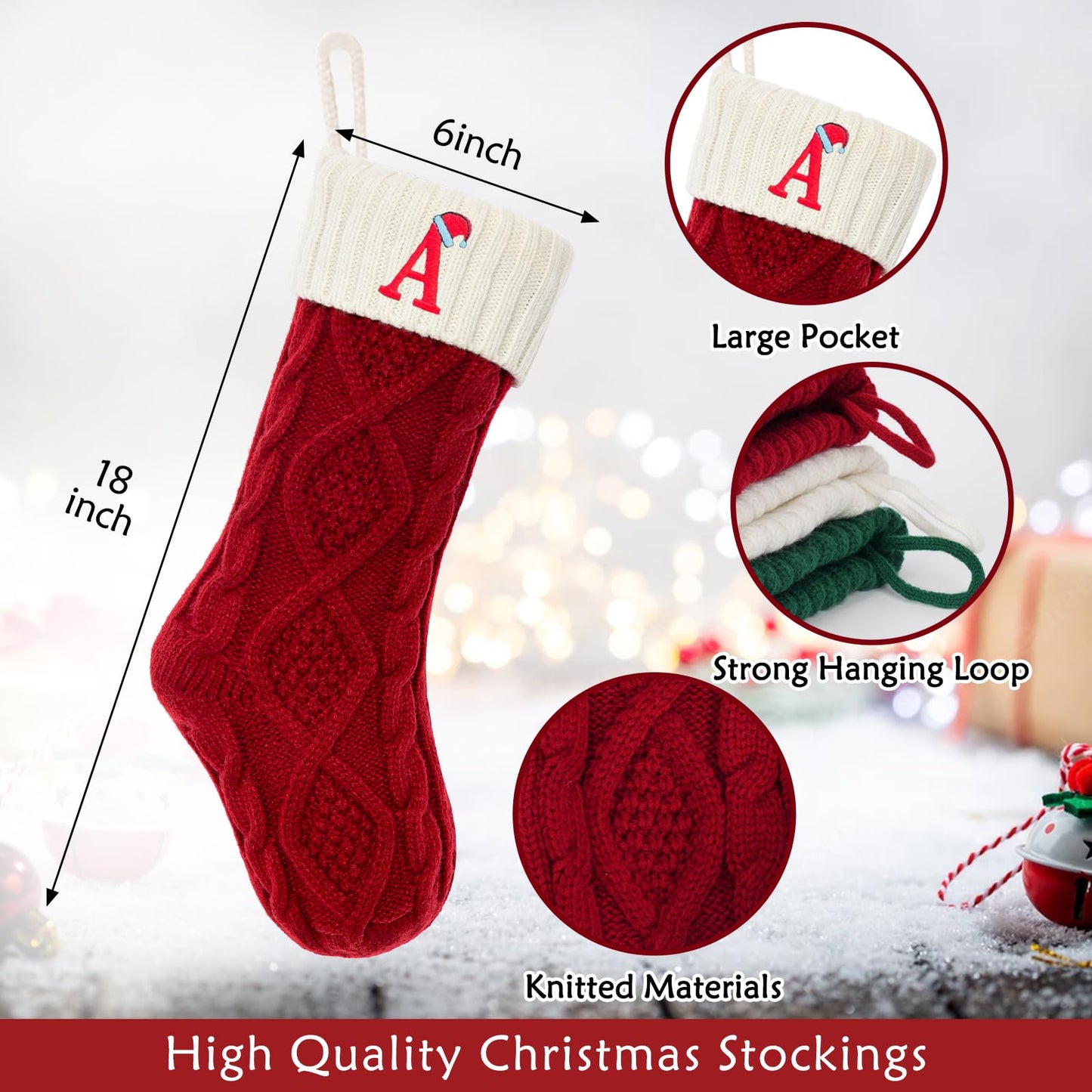 VRFASHION Christmas Stockings with Initials, Letter A Embroidered Xmas Stockings, 18" Large Monogram Knitted Xmas Stocking, Christmas Party Fireplace Family Hanging Stocking Decorations(1 Pack, Red)