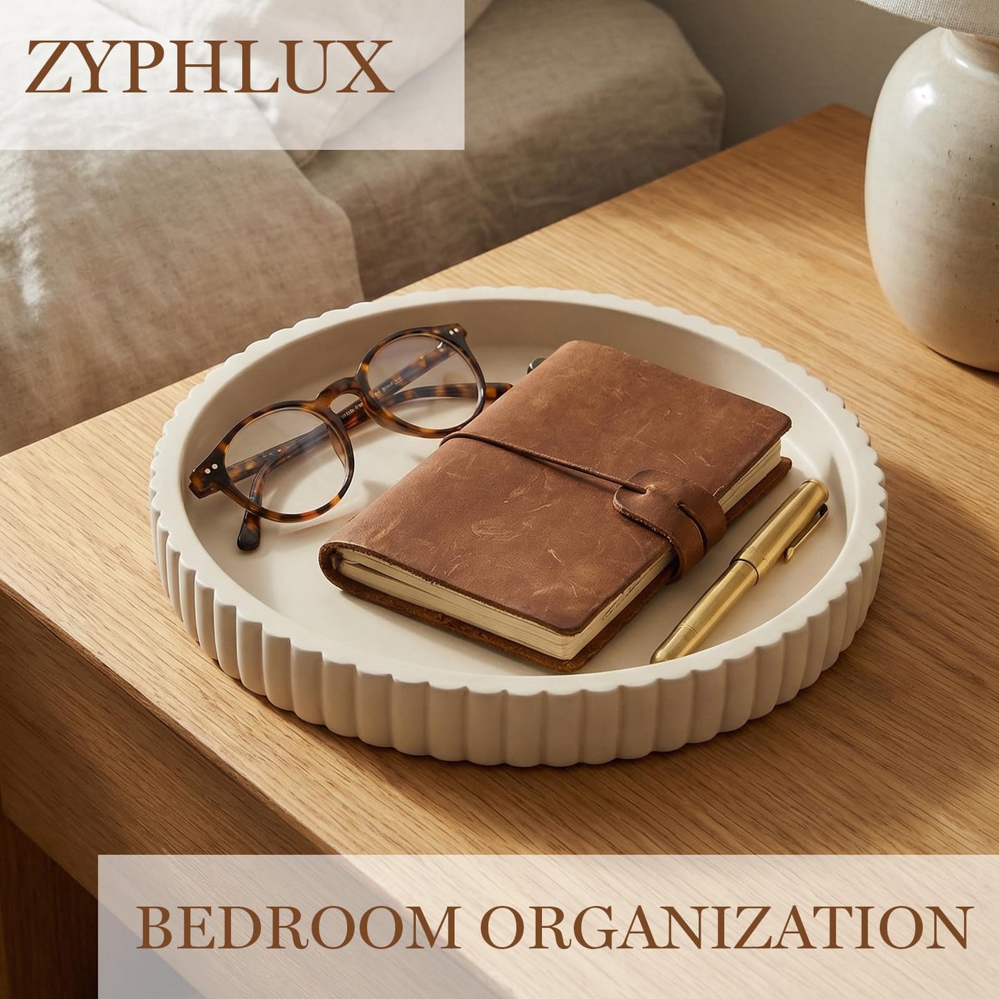 Zyphlux Round Decorative Trays & Coffee Table Tray, 11 Inch Fluted Coffee Table Centerpiece Decor, No Slip Modern Circle Concrete Organizer for Living Room, Console, Kitchen Island, Dresser