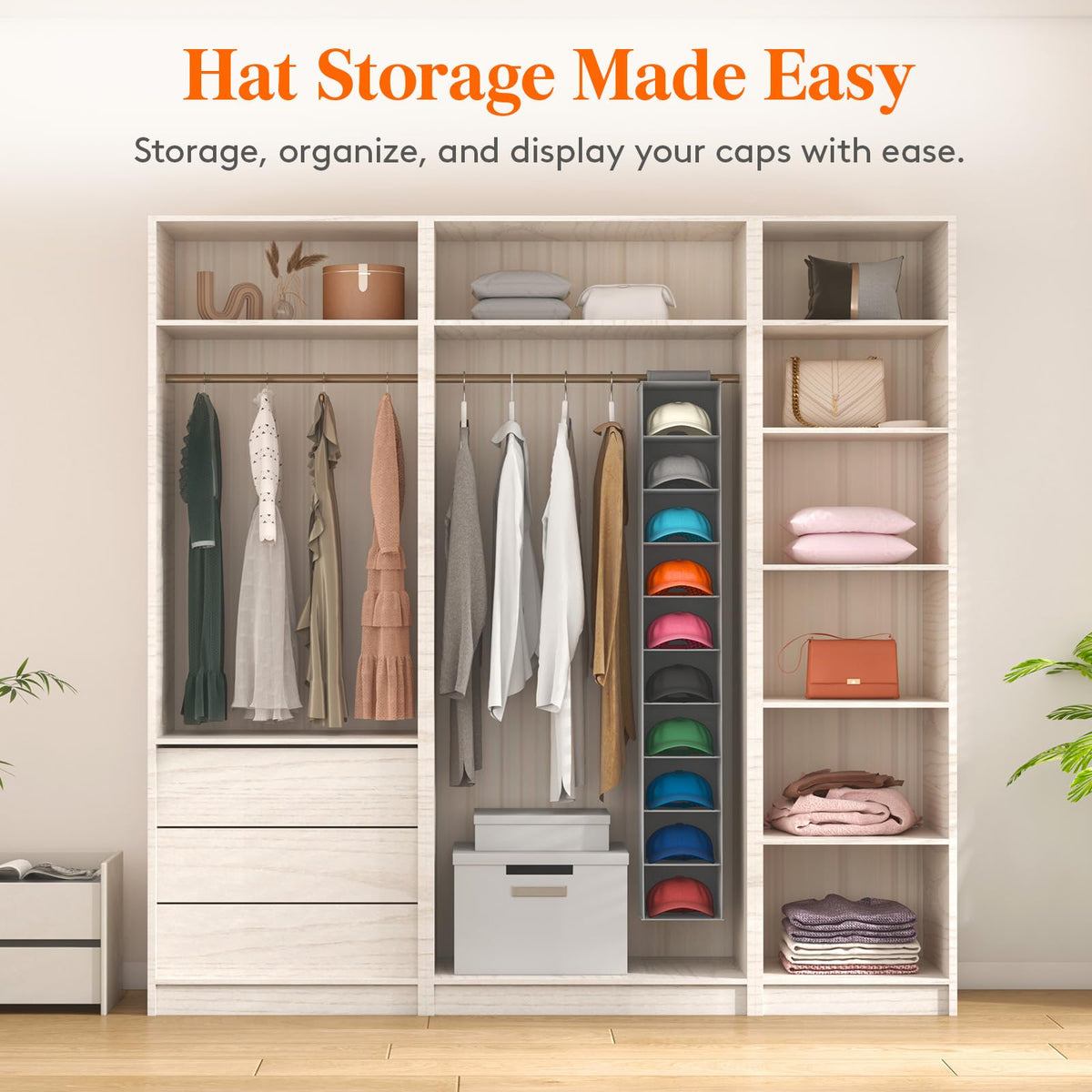 Lifewit 10 Compartments Hat Organizer for Baseball Caps, 1 Pack Hat Rack Hanging Storage organizer, Non-Woven Fabric Display Shelf Holds Up to 40 Hats, Cap Holder Hanger for Closet, Bedroom, Grey